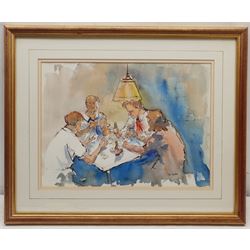 Rosemarie de Goede (South American Contemporary): The Card Players, watercolour and ink signed 28cm x 38cm