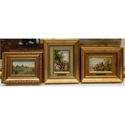 After Gerald Coulson (British 1926-): Herding Sheep on the Lakeside, colour print 50cm x 75cm in gilt frame, together with three small gilt framed prints max 9cm x 13cm (4)