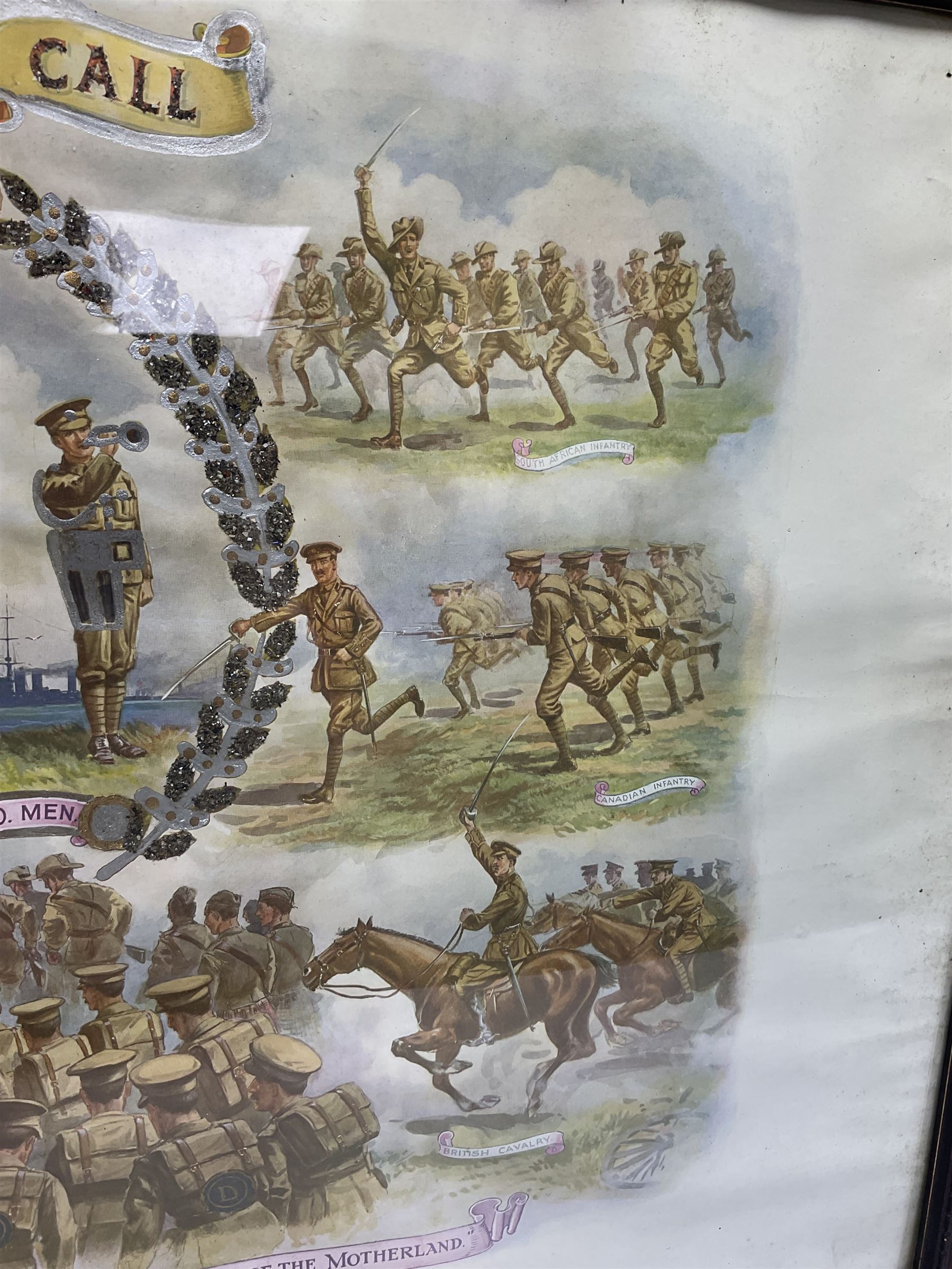 WW1 photogravure print depicting the VC action of Boy (1st Class) John Travers Cornwell mortally wounded in the Battle of Jutland May 31st 1916 34 x 41cm, walnut frame; and WW1 colour print entitled 'England's 1914-1919 Call' in simulated rosewood frame (2)