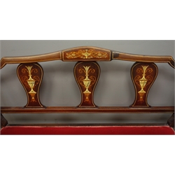  Edwardian inlaid mahogany two seat salon settee, upholstered in red fabric, shaped supports, W111cm, H80cm, D47cm  