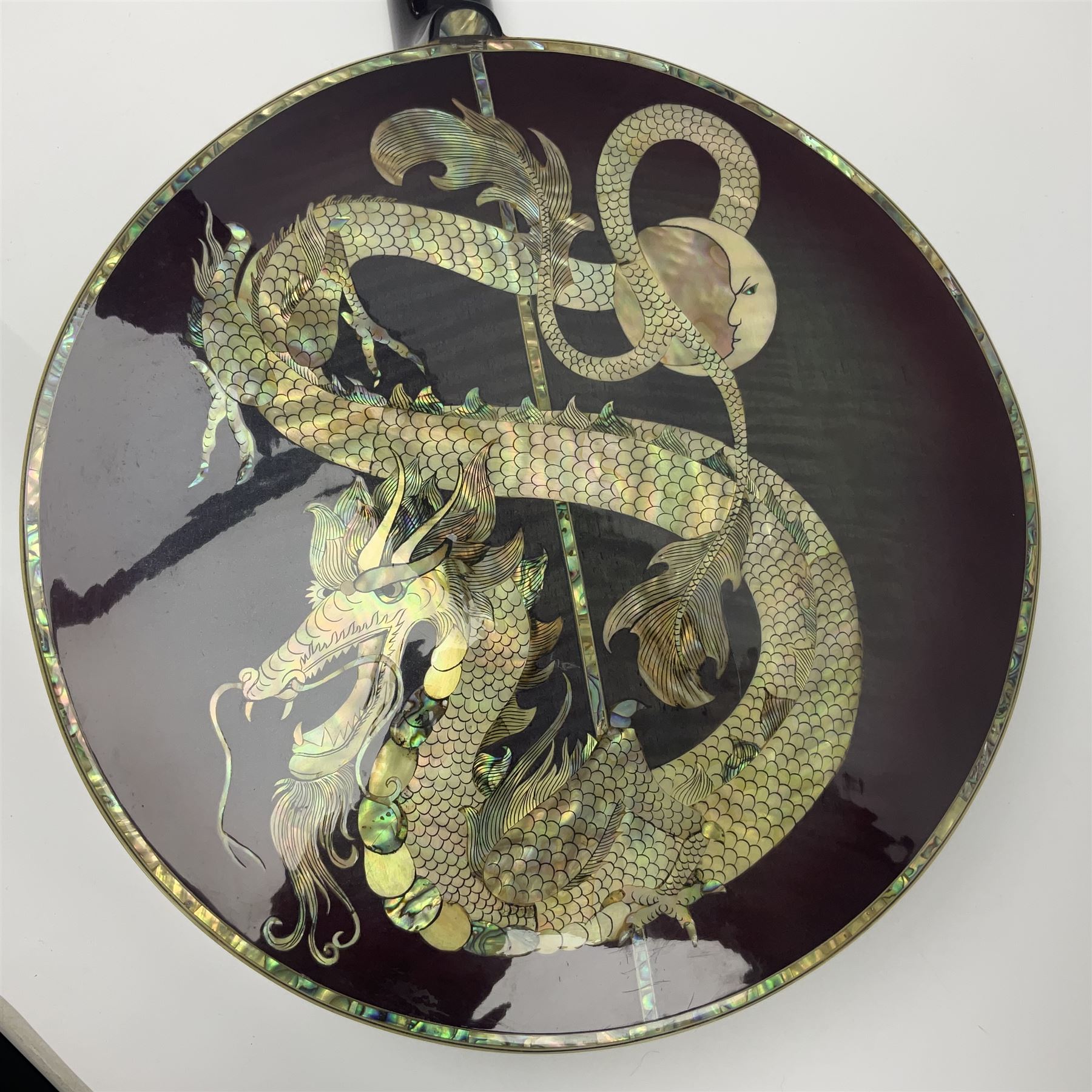 Chinese F-hole eight-string mandolin with sunburst finish, mother-of-pearl inlay of dragons chasing the flaming pearl and dragon carved headstock L71cm