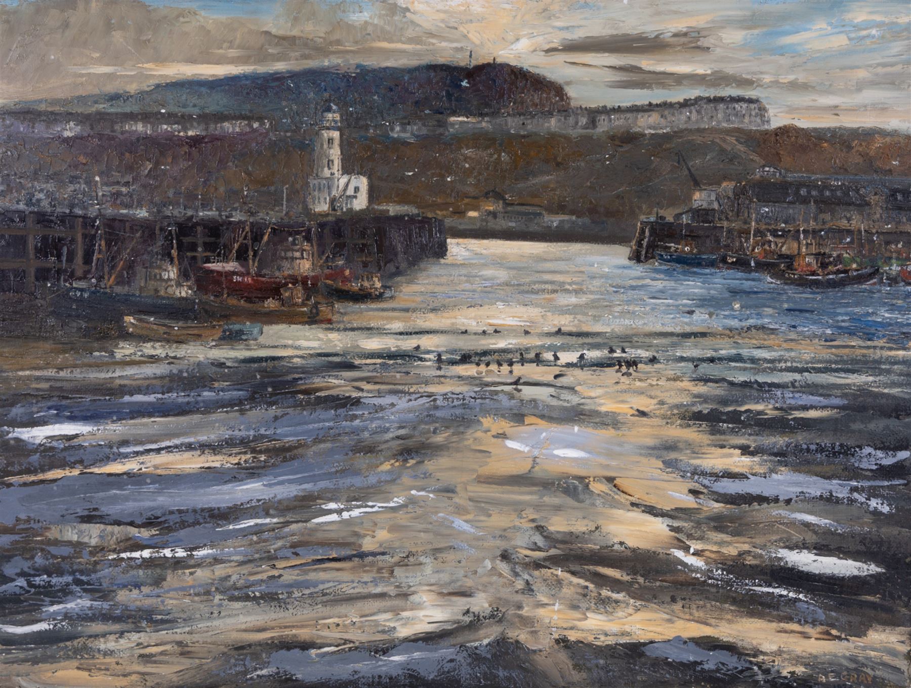 A E Gray (Mid/late 20th century): Lowtide Scarborough Harbour, oil on board signed and dated 1977, 56cm x 76cm