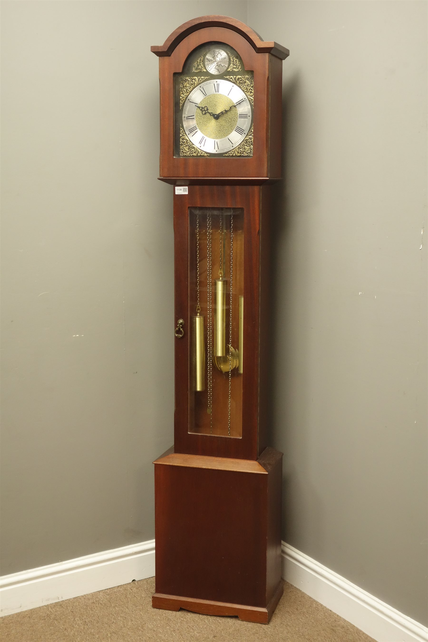 Late th Century Mahogany Longcase Clock Arched Brass Dial Inscribed Tempus Fugit Triple Train Quarter Chiming Movement On Rods Bevelled Glass Door H180cm Jewellery Silver Clocks Watches Late th Century Mahogany Longcase Clock Arched Brass Dial Inscribed Tempus Fugit Triple Train Quarter Chiming Movement On Rods Bevelled Glass Door H180cm Jewellery Silver Clocks Watches