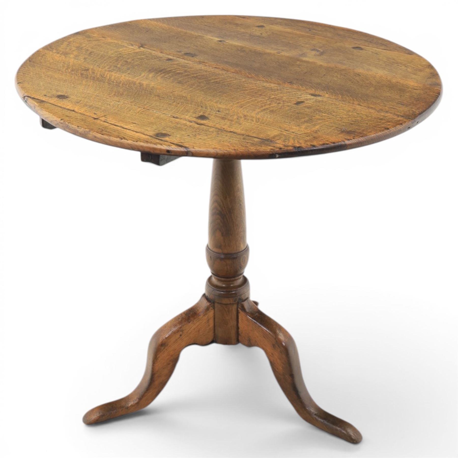 Georgian oak tripod table, plank top with visible dowels with turned baluster column, raised on cabriole supports