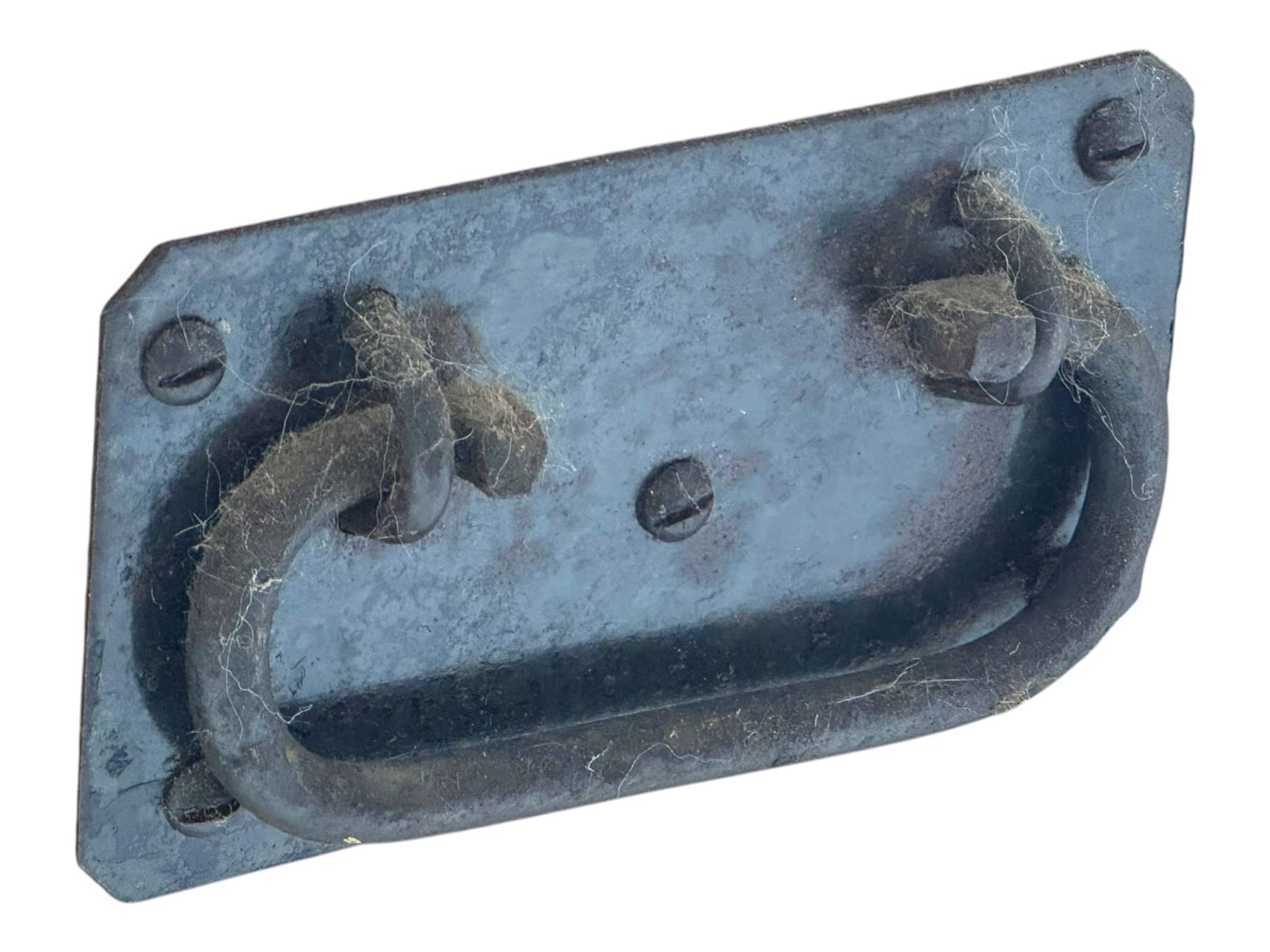 Late 19th century stripped pine blanket box, rectangular hinged lid enclosing main compartment with fitted candle box, wrought iron strap hinges and lock, black-painted side handles, on a shaped plinth base