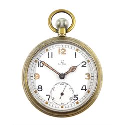 Military issue nickle open face, 15 jewels lever pocket watch by Omega, No. 9960290, white enamel dial with Arabic numerals and subsidiary seconds dial, snap on back case with broad arrow and Military issue markings 'G.S.T.P. Y05340 