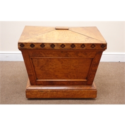  19th century burr wood sarcophacus shaped wine cooler with lead fitted interior, hinged lid with blind fret frieze, tapered sides on skirted base,  brass lock stamped Hobbs & Co. London, Lever, Machine Made, W71cm, D52cm, H60cm  