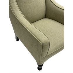 Early 20th century Regency-shaped mahogany low armchair, upholstered in sage green wool herringbone fabric, sprung seat, on cabriole front feet