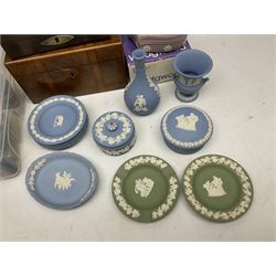 Wedgwood Jasperware to include lilac trinket box with original box, light blue vases, trinket dishes, boxes etc, together with a walnut box, coins and other collectables 