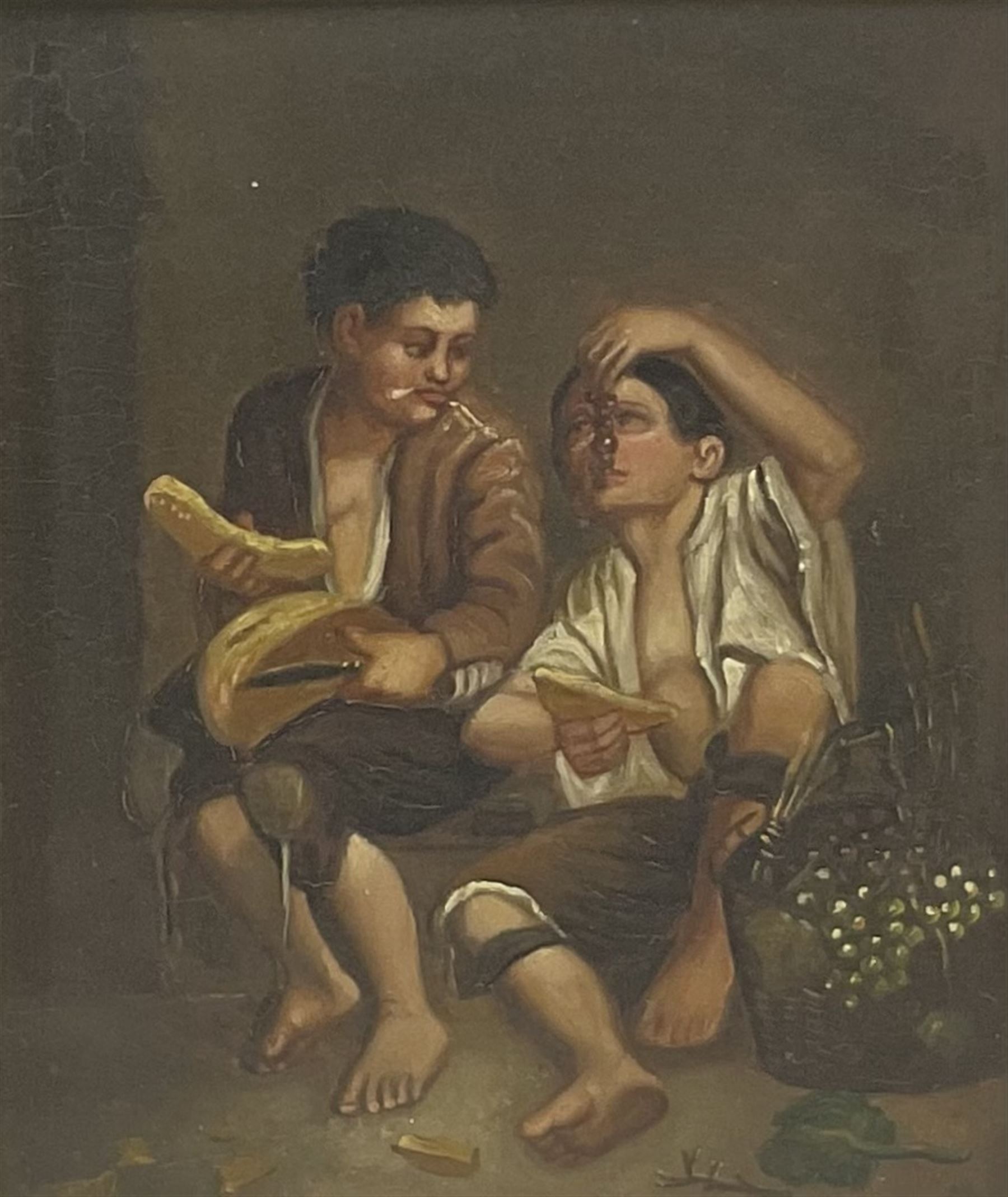 After Bartolomé Esteban Murillo (Spanish 1618-1682): 'Grape and Melon Eaters', oil on tin signed 'Murillo', in ornate gilt frame 19cm x 16cm