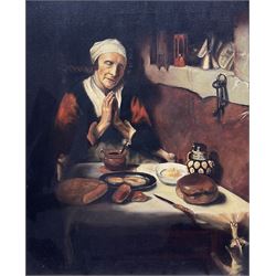 David Thompson (British 20th century) after Nicolaes Maes (Dutch 1634-1693): 'Old Dutch Woman Saying Grace', oil on canvas after the original housed in the Rijksmuseum, signed titled and dated 1974 verso 54cm x 44cm
