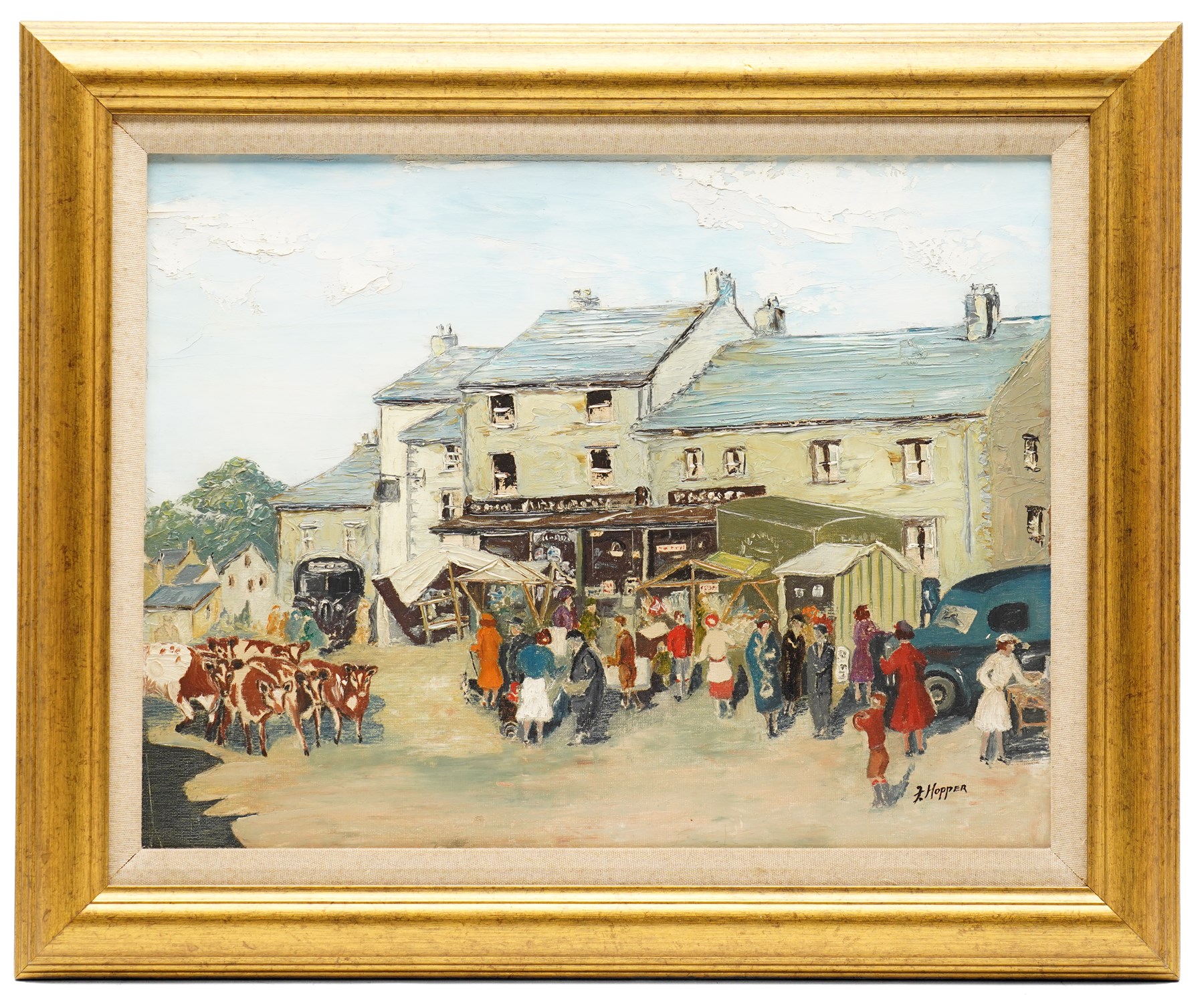 Florence Hopper (East Yorkshire 20th century): 'Market Day - Hawes', oil on board signed, titled on label verso 34cm x 44cm