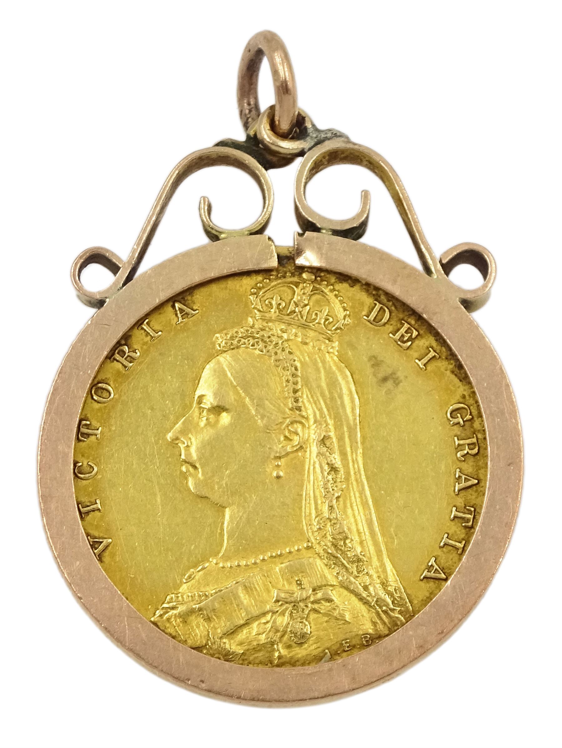 Queen Victoria 1887 shield back gold half sovereign coin, loose mounted in 9ct gold pendant
