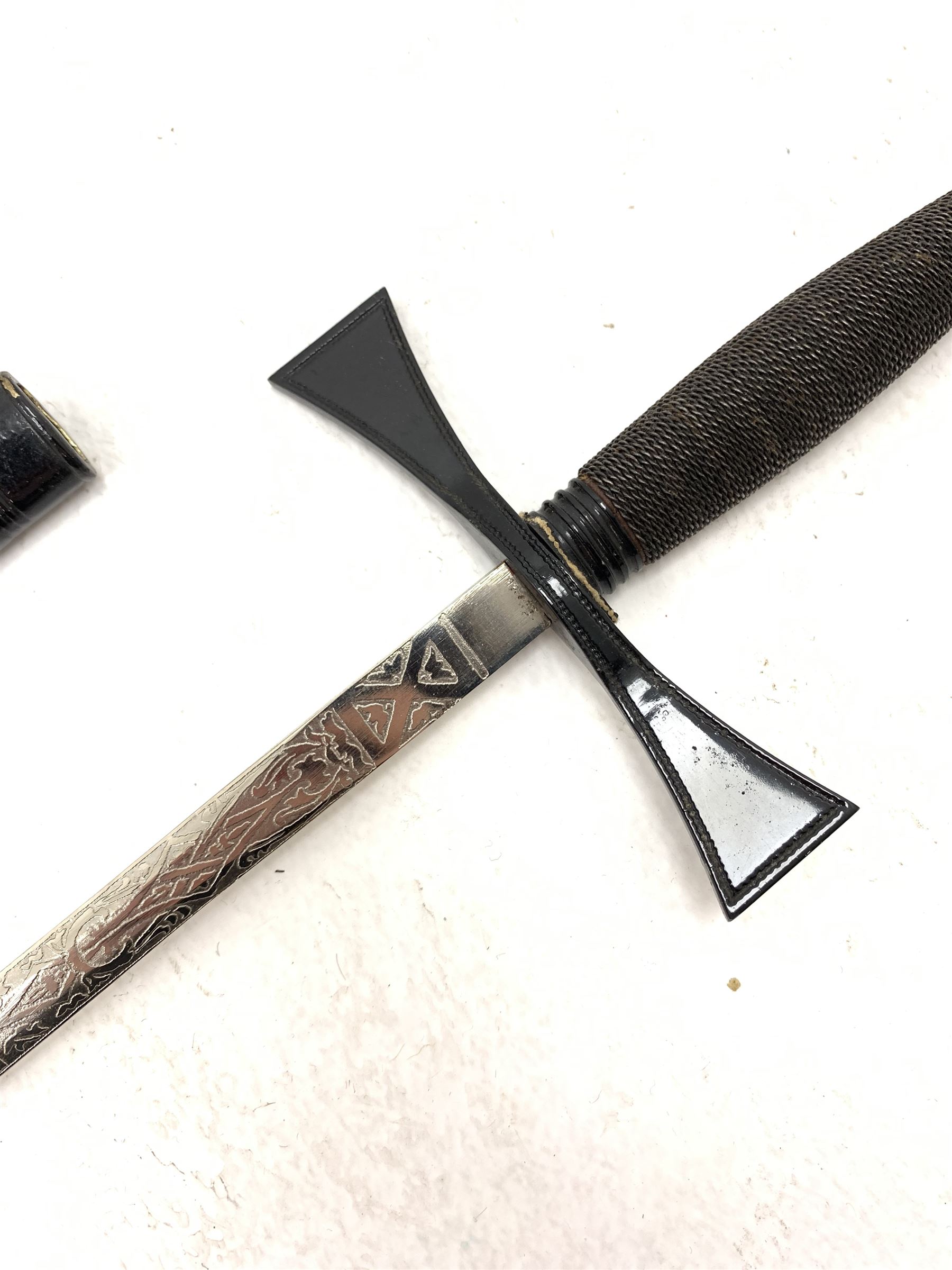 Masonic Knights Templar uniform, comprising hooded cape, ceremonial sword marked AR Fabb Bros Ltd, cap, sash, and belt.