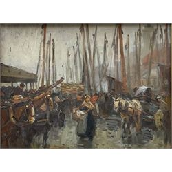 John Atkinson (Staithes Group 1863-1924): 'Wet Day - North Shields Fish Quay', oil on panel signed, titled signed and dated 1907 verso 25cm x 34cm