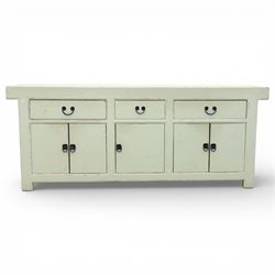 Large painted pine dresser sideboard, fitted with three drawers and five cupboards