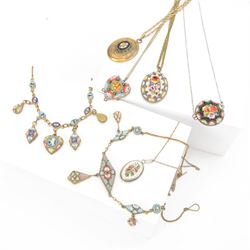 Two micro mosaic fringe necklaces, together with five pendent necklaces, all decorated wit...
