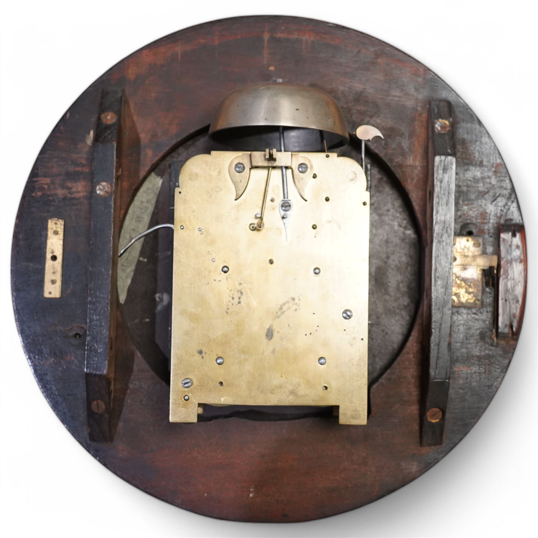 Samuel Elliot Atkins of Cornhill, London - mid-19th century twin fusee 8-day wall clock with a mahogany wooden bezel, pendulum regulation door and fish-scale brass side frets, with a cast false plate, 12