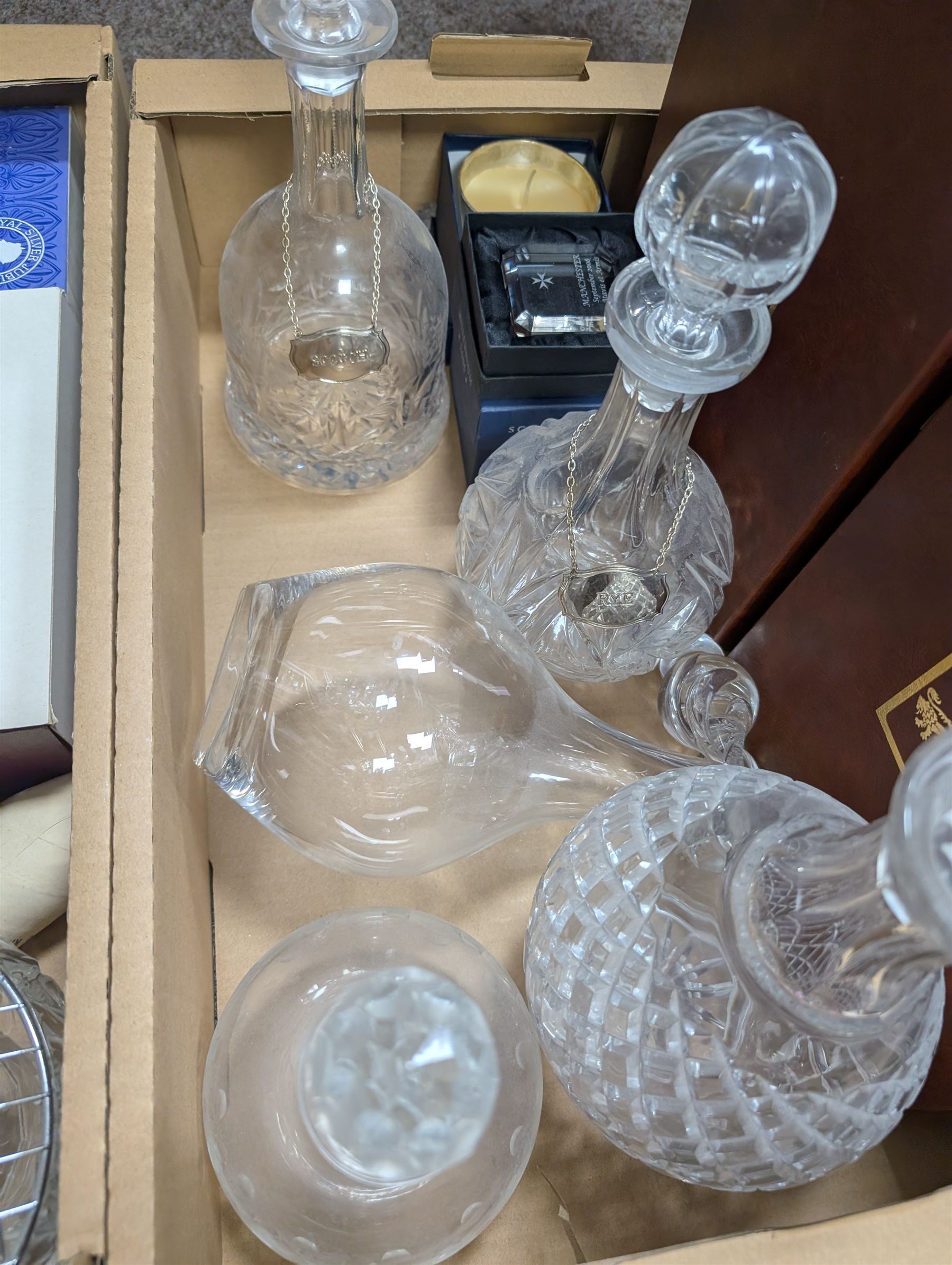 Dartingon glass decanter, togehter with nine other decanters Bohemia Crystal glassware etc in three boxes 