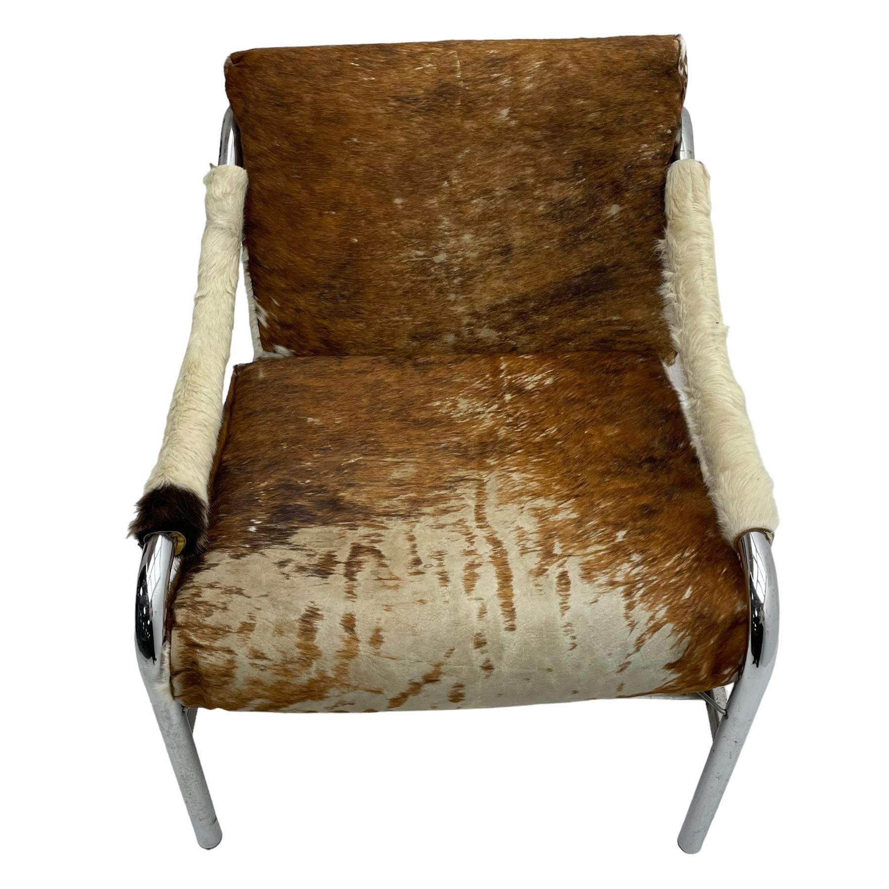 Tim Bates for Pieff - 1970s 'Beta' armchair, chrome frame with leather seat pad, the loose cushions and arms upholstered in tricolour cow hide