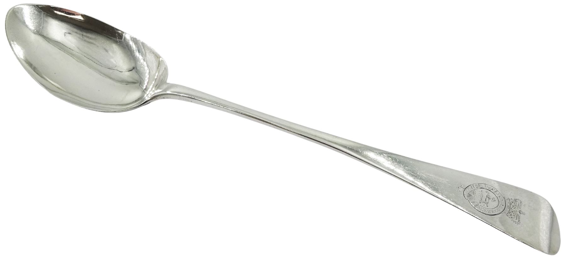 Victorian Irish silver Old English pattern basting spoon, the terminal engraved with regimental crest of the Royal Inniskilling Fusiliers 'Nec Aspera Terrent' (By Difficulties Undaunted), hallmarked Dublin 1860, makers mark partly worn and indistinct, L30cm, approximate weight 4.13 ozt (128.5 grams)