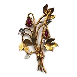 9ct gold flower spray brooch set with rubies and diamonds hallmarked  