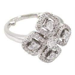 18ct white gold diamond dress ring, four round brilliant cut diamond with halo surround of diamonds and a central round brilliant cut diamond