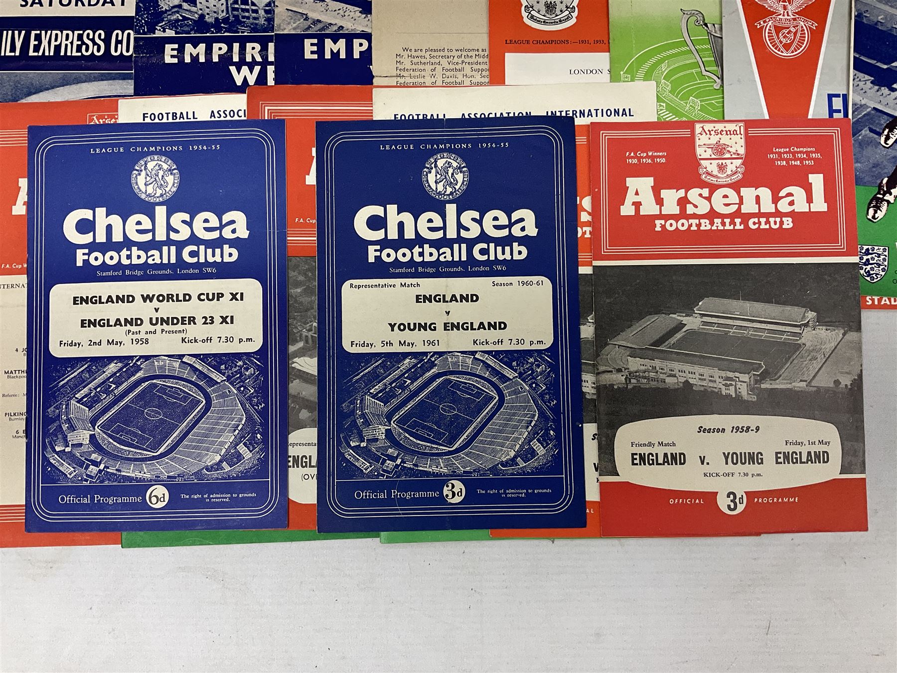Football programmes - thirteen various England and England Youth matches 1953-77; European Cup Winners Cup Final May 19th 1965 TSV Munchen 1860 v West Ham; European Champions Club Cup Final May 29th 1968 Benfica (1) v Manchester United (4), the famous Bobby Charlton final; seven Wealdstone F.C. 1950-66 including London Senior Charity Cup Final May 10th 1952; Harrow Town Football Challenge Cup April 14th 1948; and eight F.A. Amateur Cup Finals and Semi-Finals plus three song sheets 1956-68 (34)