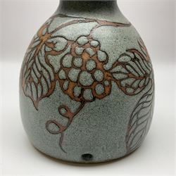 John Egerton (c1945-): studio pottery stoneware, comprising wine cooler decorated with herons on a mottled ground, covered storage jar with foliage decoration and a lamp base decorated with grape vines, wine cooler H23cm