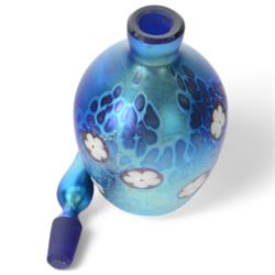 Okra glass scent bottle of ovoid form decorated with iridescent blue design with stylised flowers and leaves, with box, together three other Okra scent bottle with iridescent design, all with original boxes  
