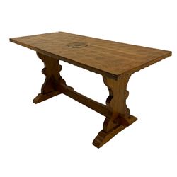 'Woodpeckerman' - Yorkshire oak rectangular coffee table by Stan Dodds, carved central rose, stretcher base, carved Woodpecker motif to the leg 