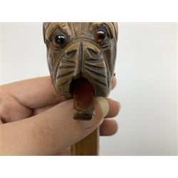20th century walking cane, the carved wooden handle modelled as the head of a boxer dog with inset glass eyes and articulated and sprung jaw, upon a tapering Malacca shaft, L86.5cm