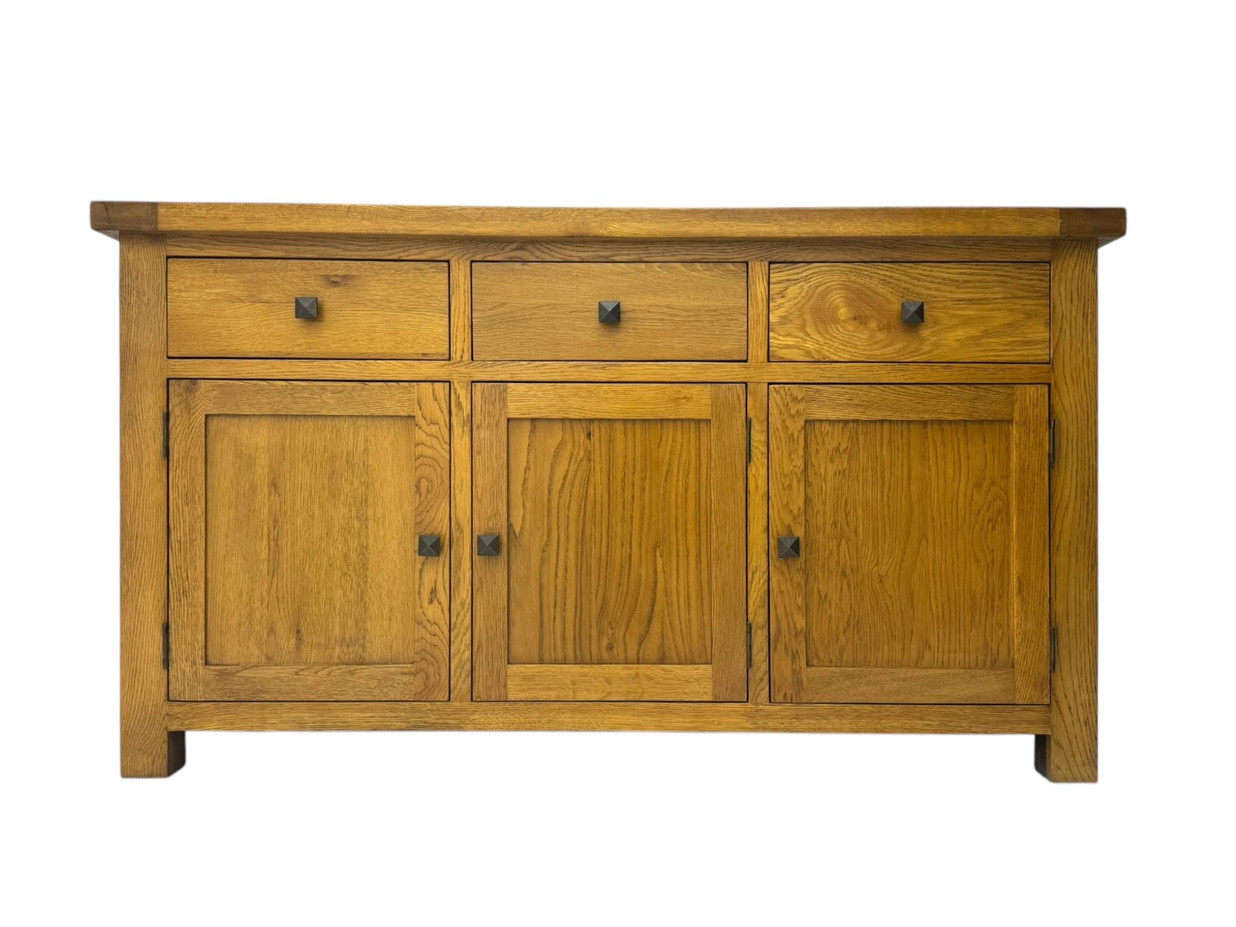 Oak Furnitureland, golden oak sideboard. Three single draws, three cupboard doors with single shelf