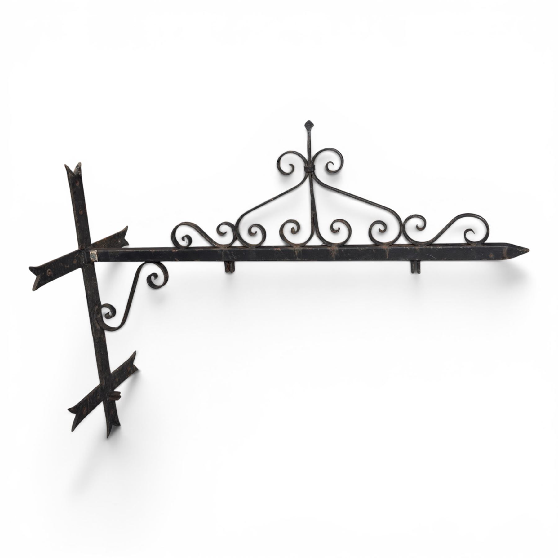Antique wrought iron sign bracket, with strapwork scroll decoration and arrow form support, in weathered black painted finish