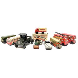 Wells Brimtoy/Pocketoy - eight tin-plate/clockwork or friction-drive vehicles comprising London Trolley Bus, two Double Decker buses, Tour Coach, Greenline Coach, open truck, boxed British railways van and Steam Roller; seven unboxed; and Pocketoy die-cast clockwork saloon car  (9)
