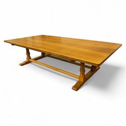 Wrenman - 10' x 5' adzed oak twin pillar dining table, with signature Wren carving on sleigh base, by Bob Hunter of Thirlby's workshop