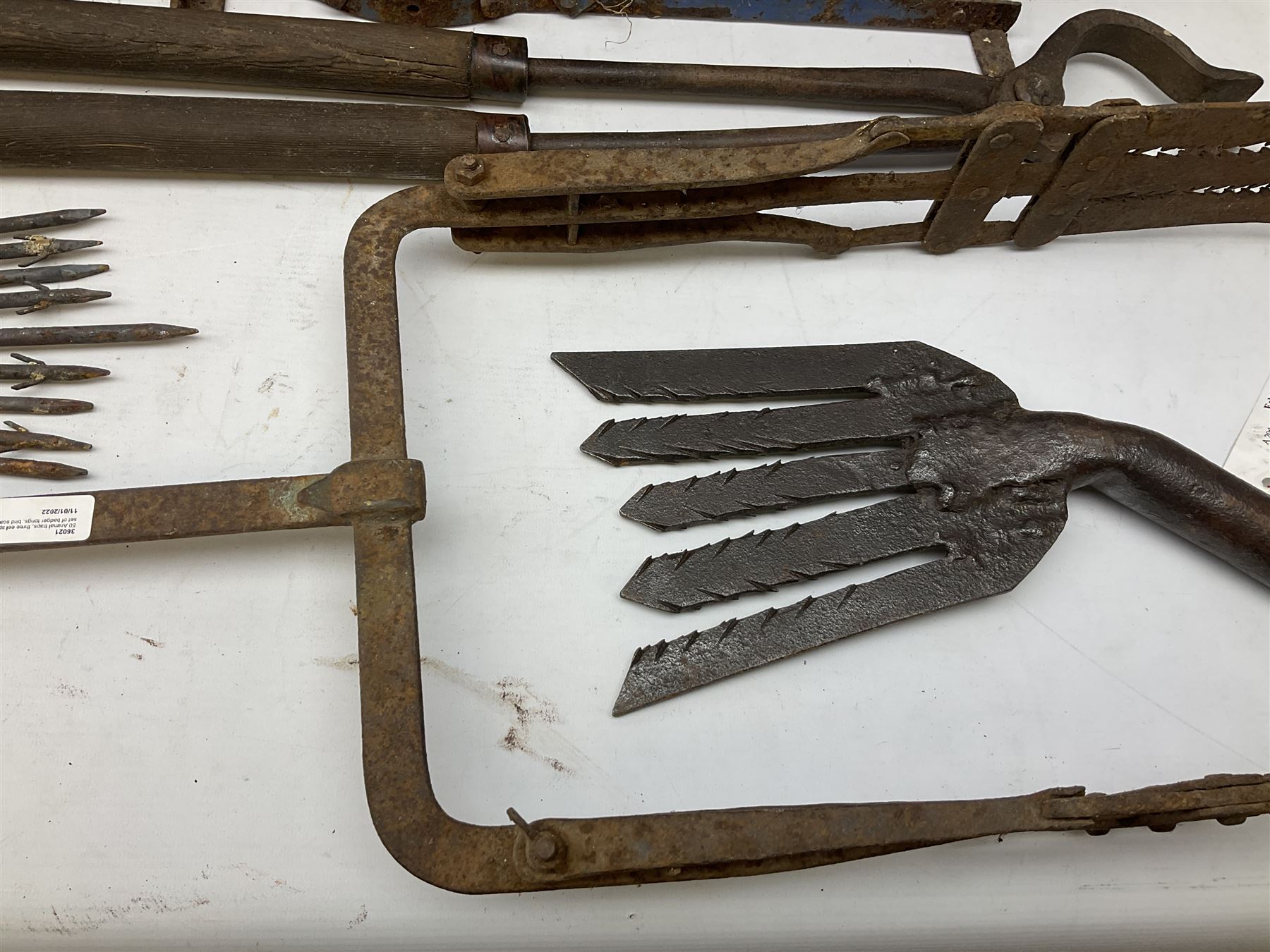 Blue and red painted gas powered bird / pest scarer, bearing label 'Exid bird & pest scarer, imported by C.R.E.A.C.O Hadleigh, Essex', , copper and brass Cymag gas hand pump, three eel spears and a set of badger tongs. Auctioneer's Note: These traps are sold as artefacts for ornamental purposes only as the use of some of them is illegal.