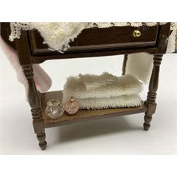 Collection of miniature dolls house furniture, to include five drawer chest painted with blossom, cream and gilt double door mirrored wardrobe, four piece lacquered style desk set, three piece suite, writing desk, wash stand, Knoll style sofa etc (14)