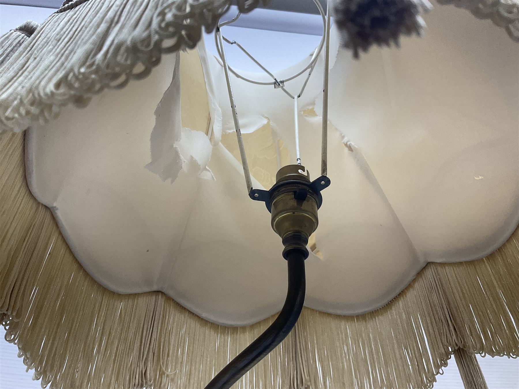 Two Giuseppe Armani figural lamps, the first modelled as an owl perched upon a book, the second modelled as a pair of owls perched upon blackberry branch, each with damask fabric tassel shades, tallest H76cm