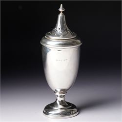 Silver vase shape sugar caster with pierced cover on pedestal foot Birmingham 1945 Maker S Blanckensee & Co Ltd