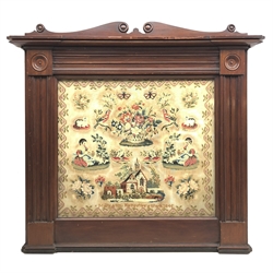Early Victorian needlework sampler with Berlin woolwork style motifs, to include cats, bouquet of flowers, children playing with dogs, birds, butterflies, church, and floral sprigs, within a trailing floral border, by Mary Ann Hampshire, 1845, within an architectural design mahogany frame, overall H86cm, L94cm