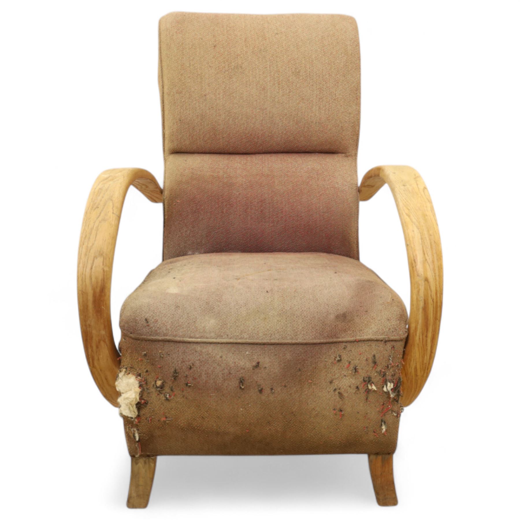  1930s Art Deco bentwood armchair, with sprung seat and arched laminated arms, upholstered in original pink-brown wool fabric, raised on square supports