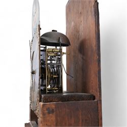 Blackett Wallace (I) of Brampton (Cumberland) -  30 hour oak and mahogany longcase c1760, with a swan neck pediment, shaped back splats, detached pilasters and a break arch hood door, trunk with canted corners and a flat topped door with a sunken panel, rectangular plinth with a decorative base, square brass dial with an added automata representing a blinking cherub to the arch, engraved dial centre and date aperture, silvered chapter with Roman numerals, five minute Arabic's, minute track and matching steel hands, with a chain driven countwheel movement, striking the hours on a bell. With weight and Pendulum.
The Wallace family  (I) & (II) were father and son clockmakers both sharing the same unusual Christian  name. Working in Brampton during the 18th century, primarily making oak cased 30-hr clocks such as this interesting example.