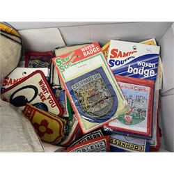 Large collection of vintage enamel and similar badges, including silver examples, together with embroidered patches and plastic badges