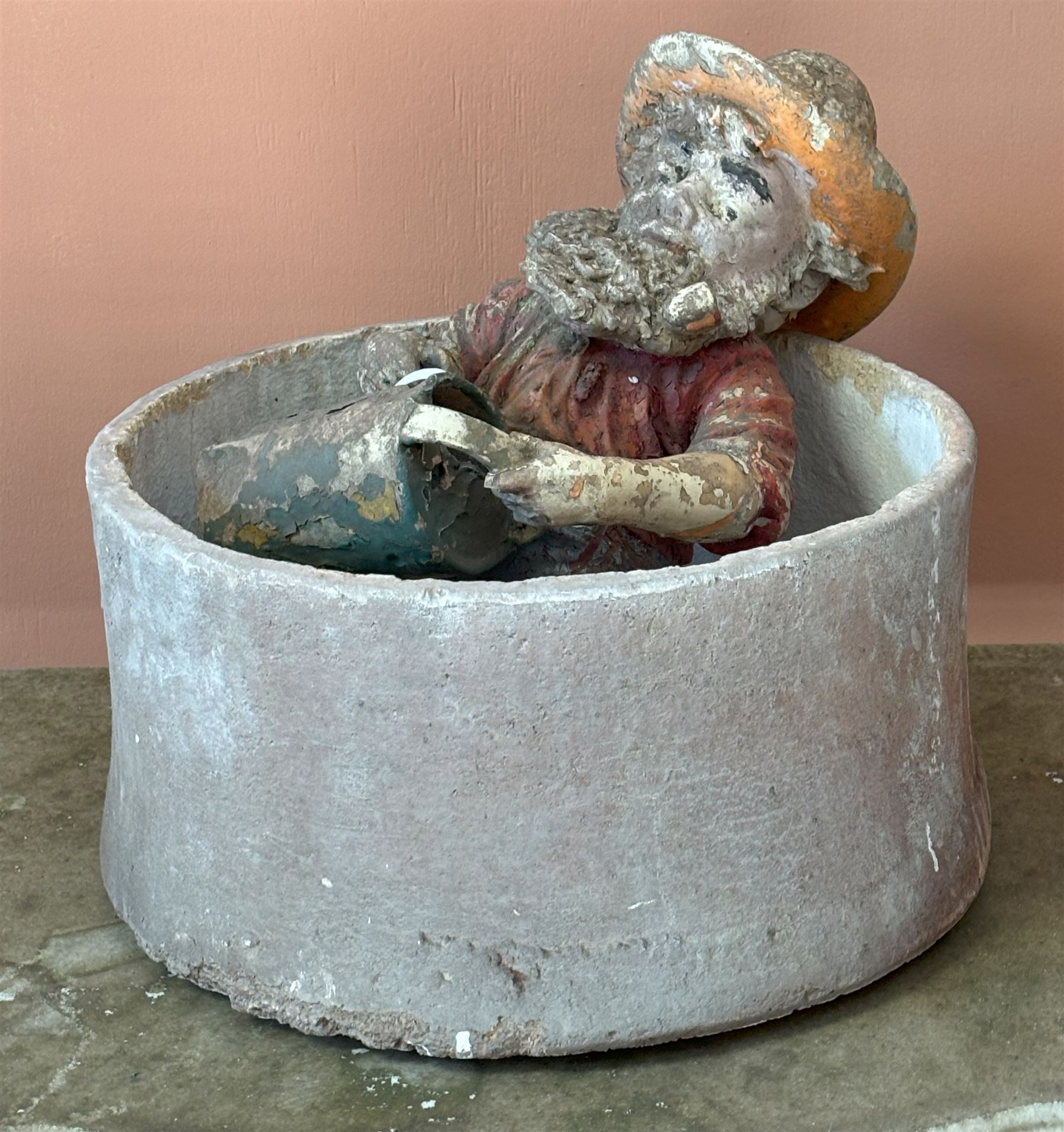 Victorian painted terracotta garden gnome (a/f) together with a terracotta circular planter / sagar (D44cm) (2) - COLLECTION BY APPOINTMENT FROM: The White House, Thirsk Road, Easingwold, York, YO61 3NF - CALL 01723 507111 TO ARRANGE