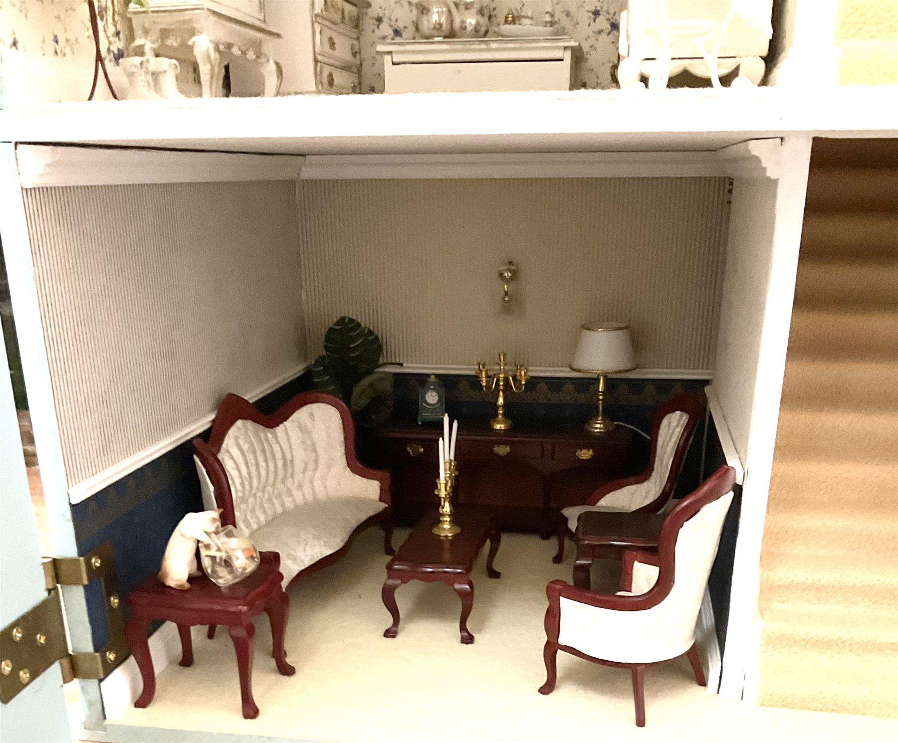 Georgian style wooden double fronted three-storey dolls house with