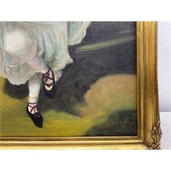After Edgar Degas (French 1834-1917): Little Girl Carrying Flowers, oil on canvas reproduction signed 'Daniel' 39cm x 29cm