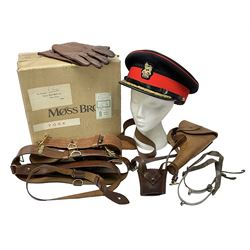 British Army General Staff officer's peaked cap by Herbert Johnson London in Moss Bros. delivery box; two officer's Sam Browne leather belts; leather pistol holster and sword hanger; pair of leather gloves and pair of spurs