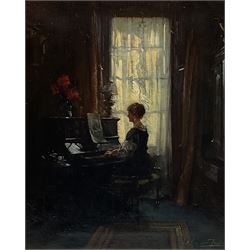 Albert Chevallier Tayler (Newlyn School 1862-1925): Drawing Room Interior with Lady playing the Piano, oil on canvas, signed and indistinctly dated 60cm x 50cm