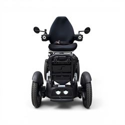 TGA Scoozy - mobility scooter, four wheel model with joystick controls, front storage bag, lights and grey and black bodywork.

